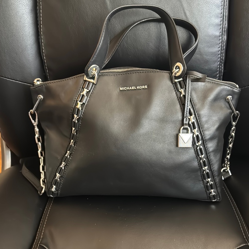 Michael Kors Black Satchel with Chain-Link Details - Come with MK dust bag